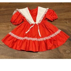 Kandy Ann Vintage Dress Girls 2T Toddler Red White Lacy Ruffle Tie Bow Pageant
